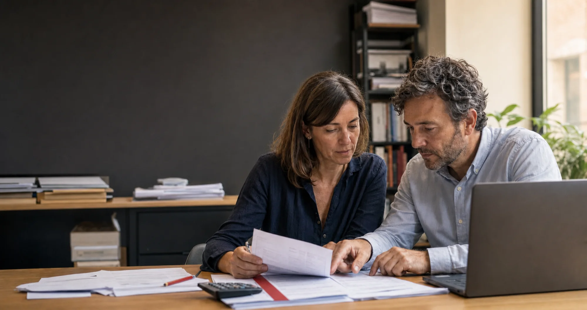 Photographic illustration of two professionals reviewing invoices and records.