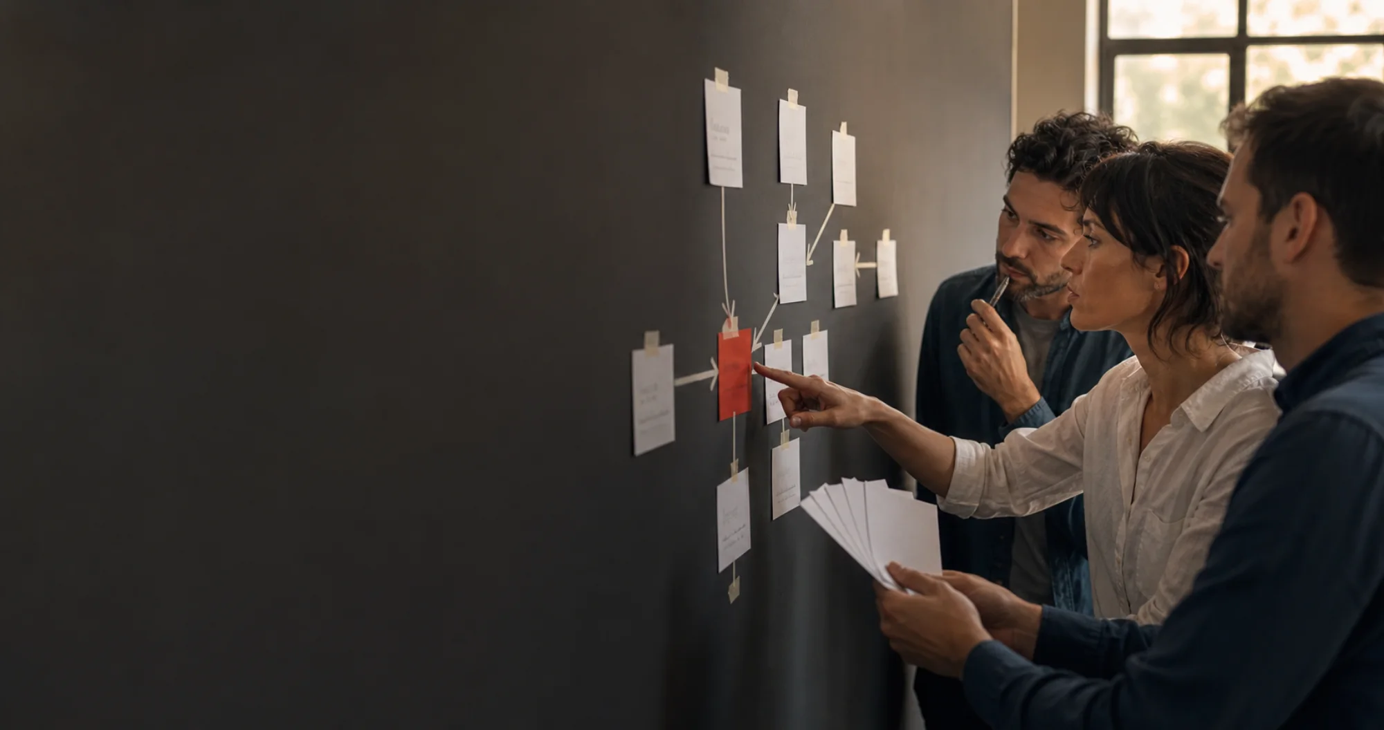 Photographic illustration of a team pointing out a blocked decision within a workflow.