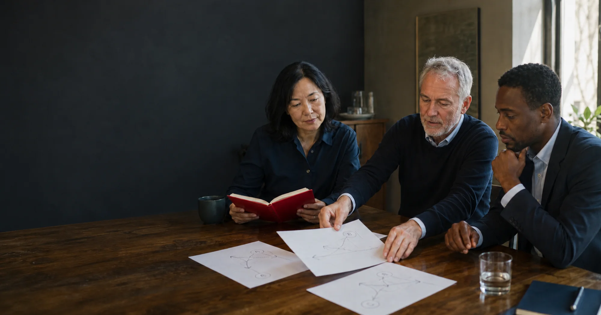 Photographic illustration of an executive committee comparing decision scenarios.