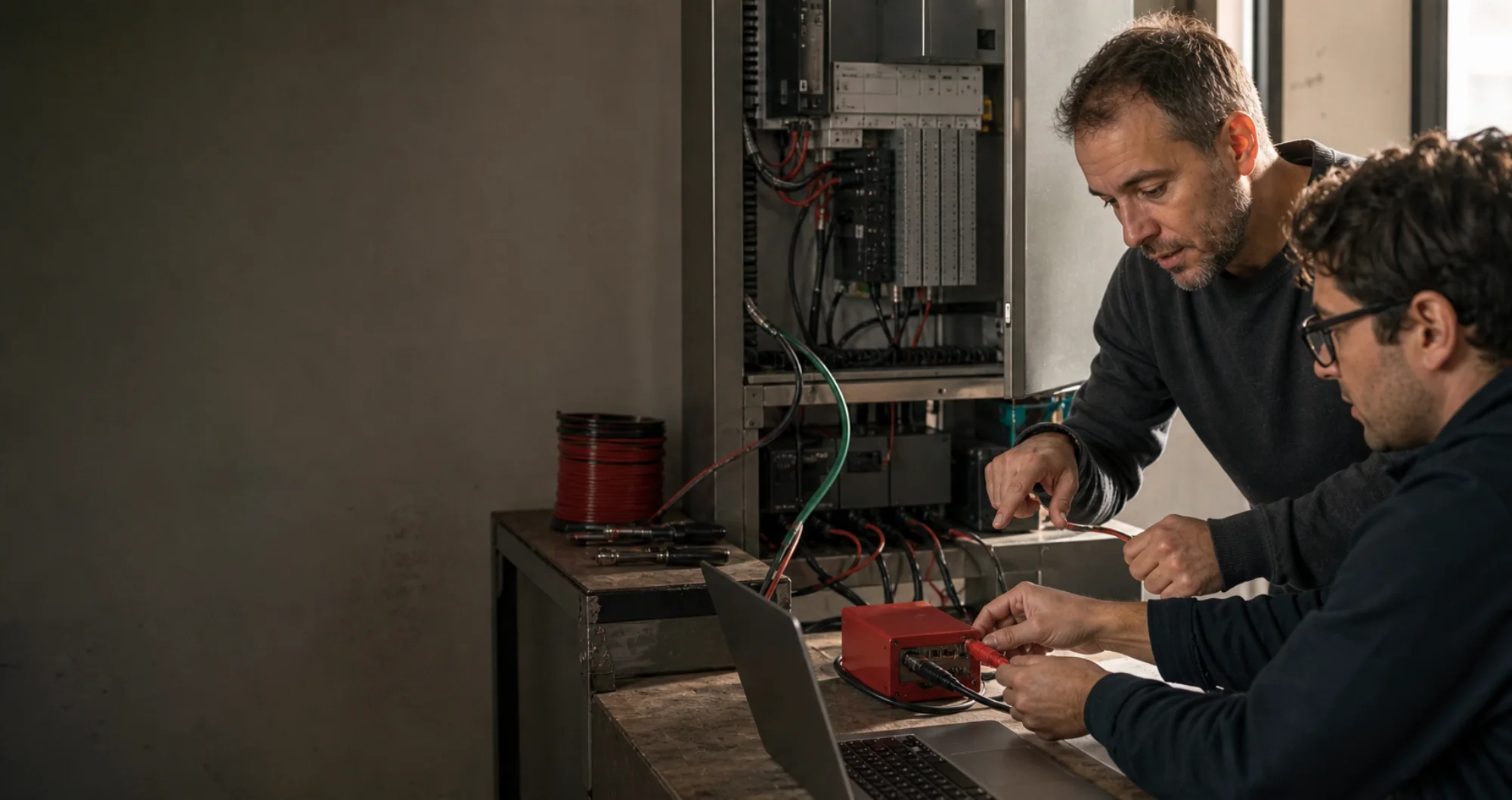 Photographic illustration of two professionals connecting a new module to an existing system.