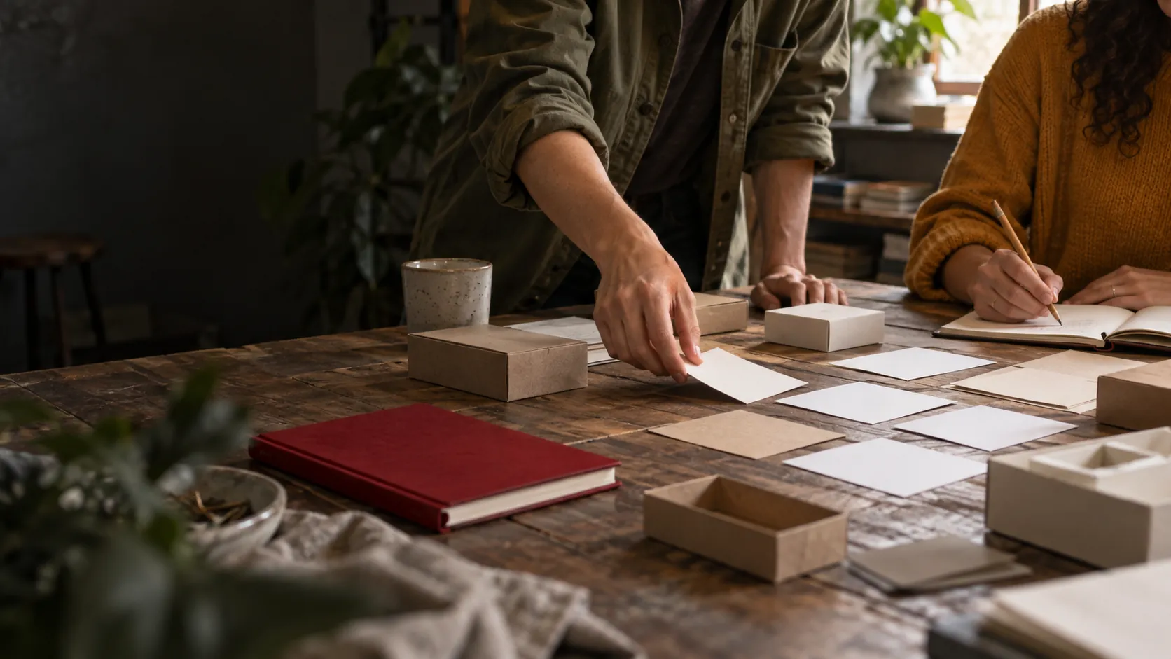 Photographic illustration of a sales and marketing team mapping a customer journey on cards.